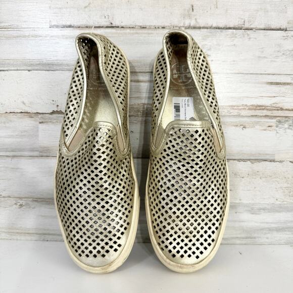 Tory Burch Women Jesse Gold Metallic Leather Perforated Slip On Sneaker Size 8.5 - Picture 3 of 5